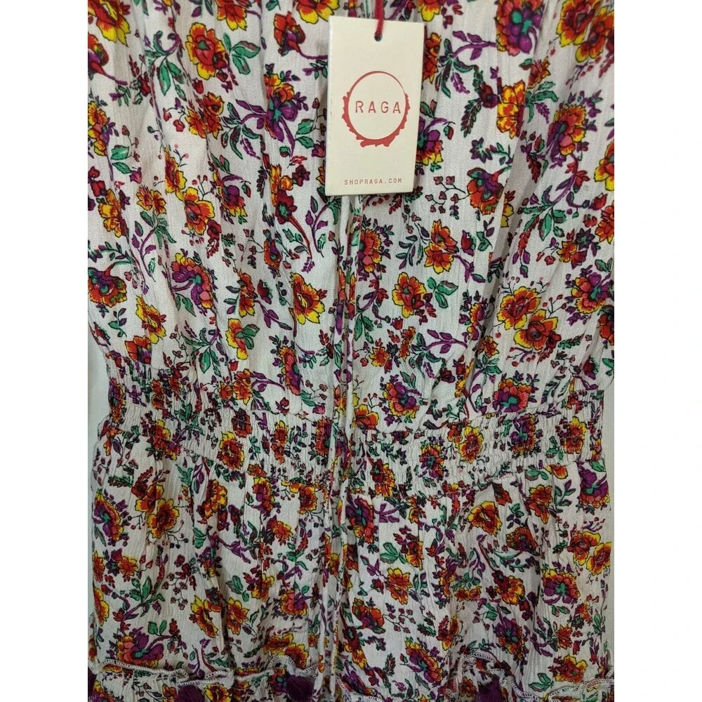 Raga Mini Tunic Dress Floral Tassel Shirred Bohemian Off Shoulder Size Small - Picture 7 of 11